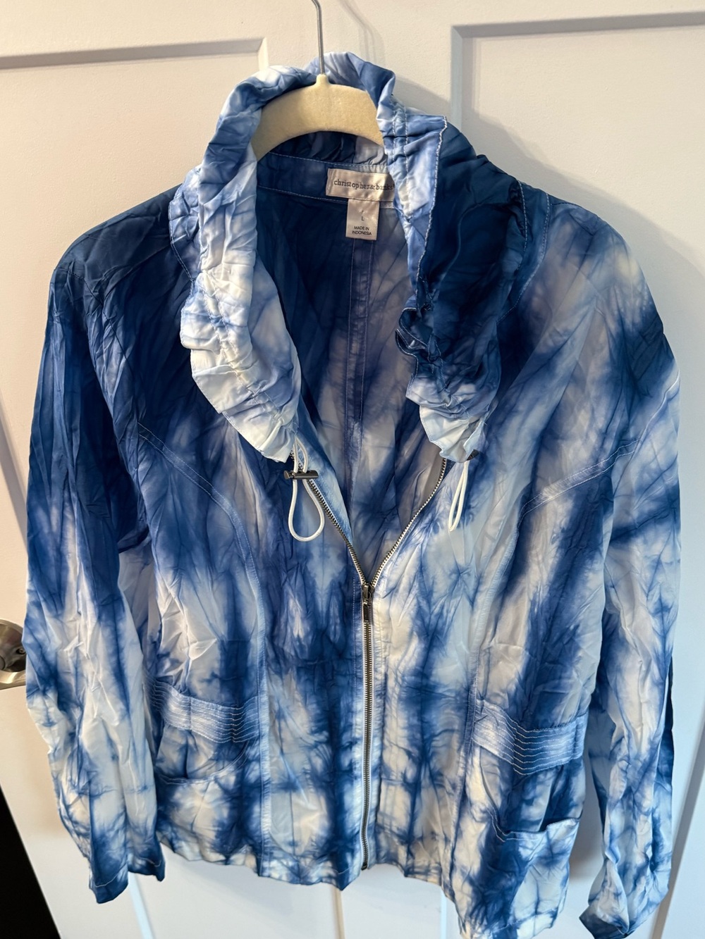 Christopher & Banks Blue and White Tie-Dye Ruffle-Neck Bomber Jacket‎